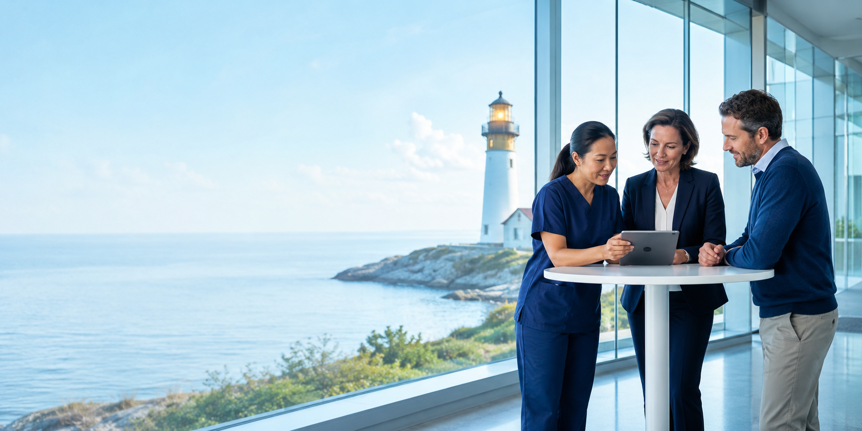 Healthcare technology partners collaborating with a lighthouse visible through the window.