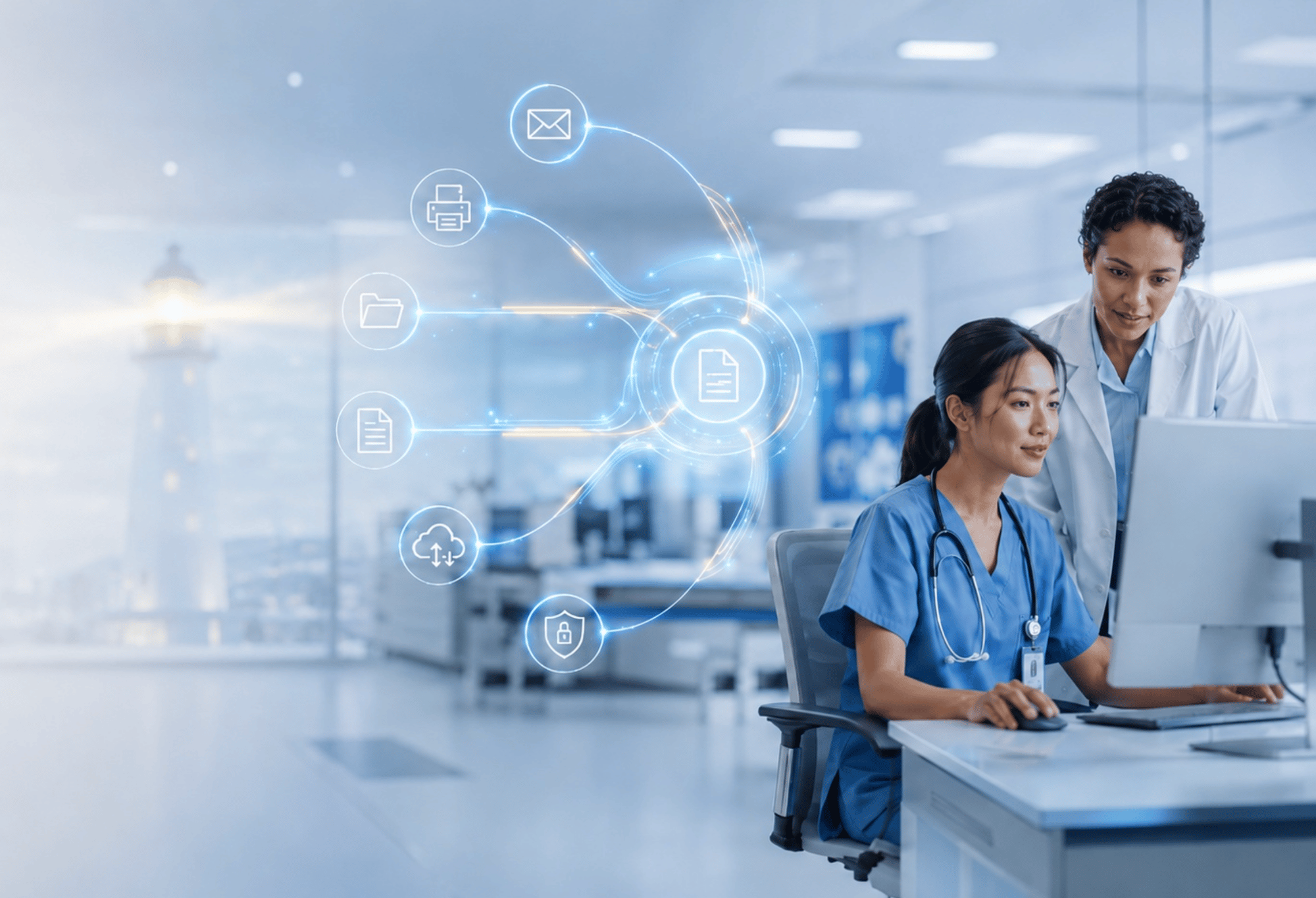 Healthcare team using secure clinical report distribution and data delivery workflows
